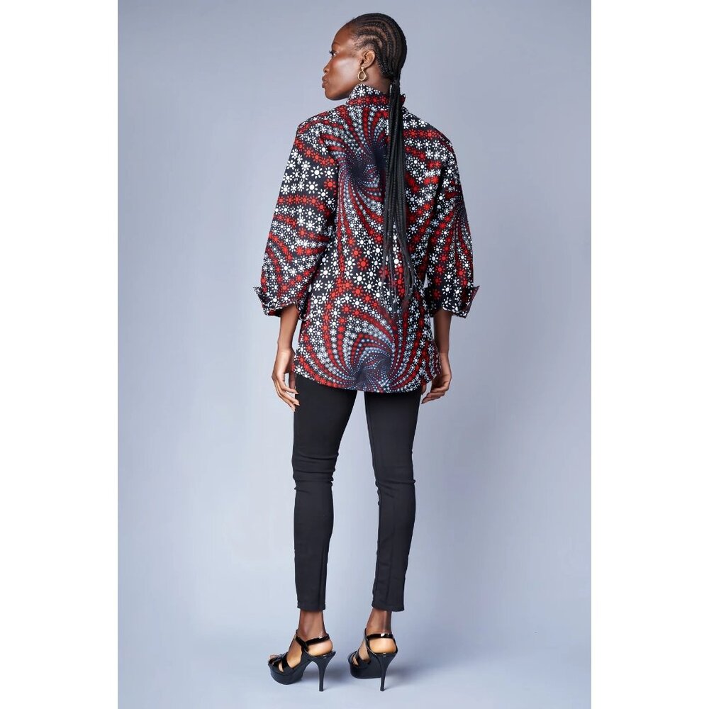 🆕 The Oula Company Geometric Print Boyfriend Top Blouse Small Blue Red - Picture 3 of 9